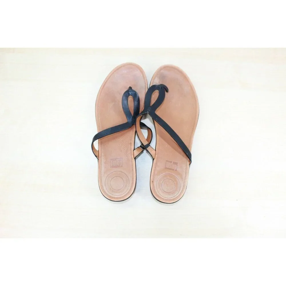FITFLOP Banda Black Leather Thong Slim Wedge Thong Sandals Size 11 - Picture 6 of 9